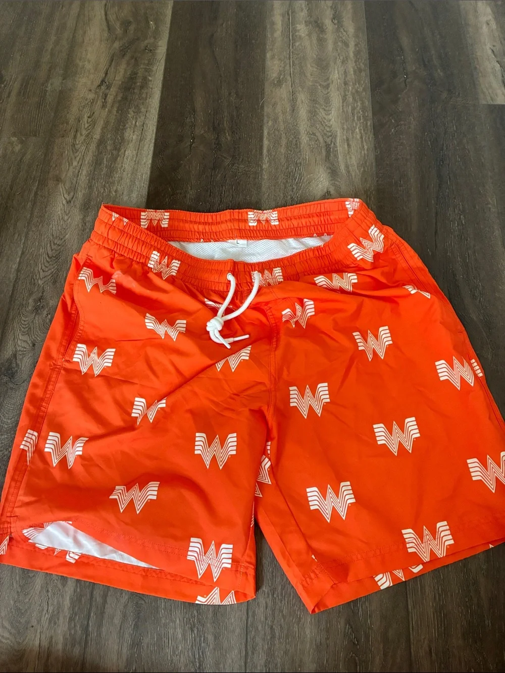 Whataburger Orange Swim Shorts with White 'W' Logo Print
